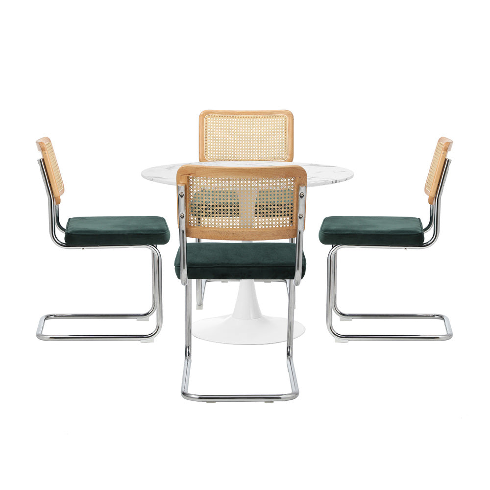 Oikiture 90cm Round Dining Table with 4PCS Dining Chairs Velvet White&Green-Dining Sets-PEROZ Accessories
