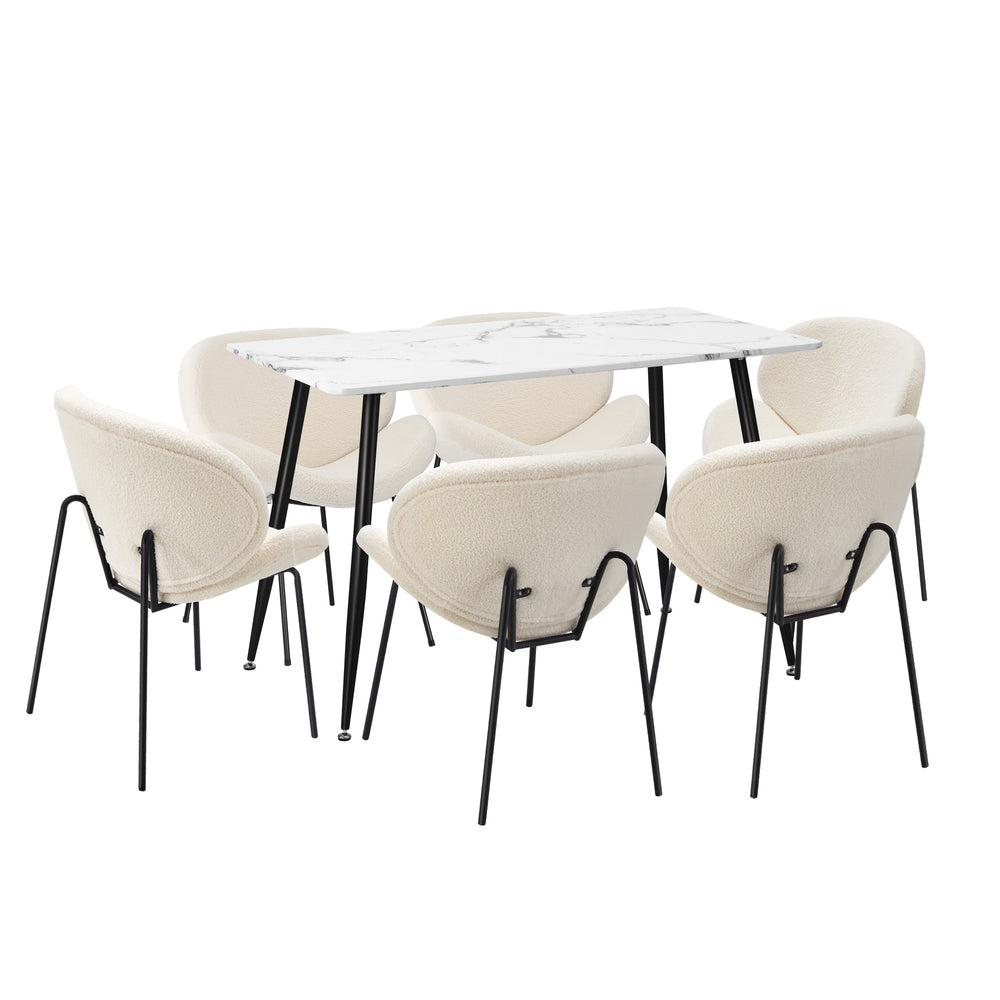 Oikiture 120cm Rectangle Dining Table with 6 Chairs Sherpa White-Dining Set-PEROZ Accessories
