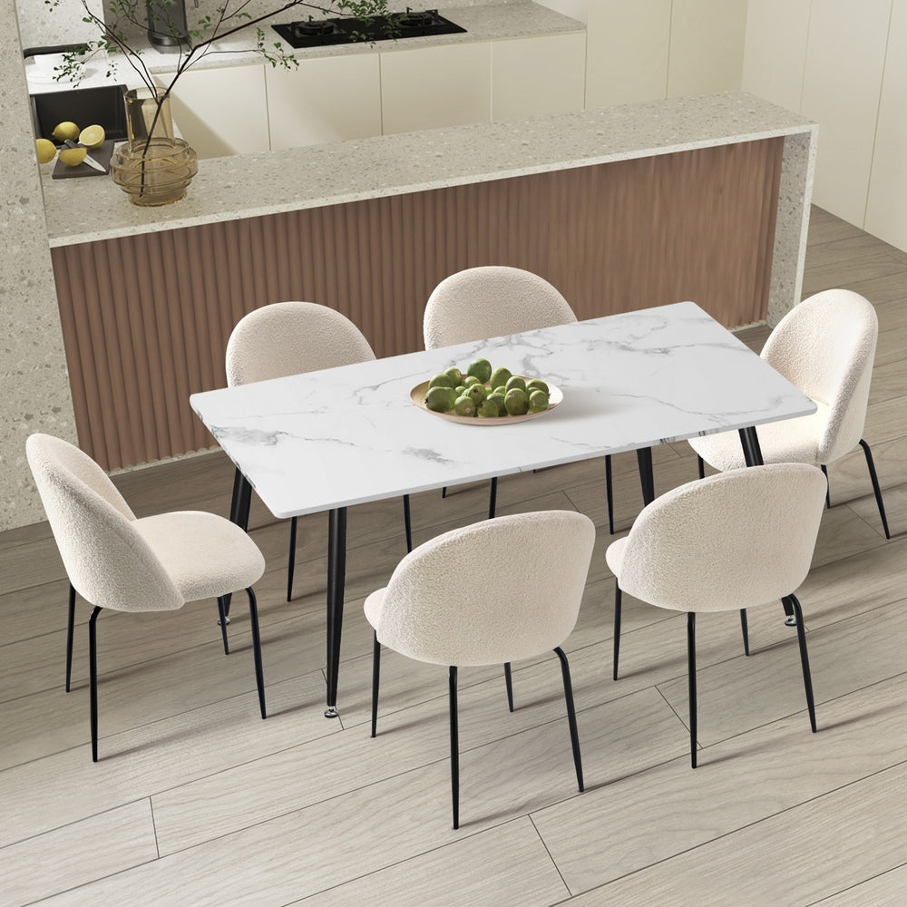 Oikiture 120cm Rectangle Dining Table with 6PCS Chairs White Sherpa-Dining Set-PEROZ Accessories