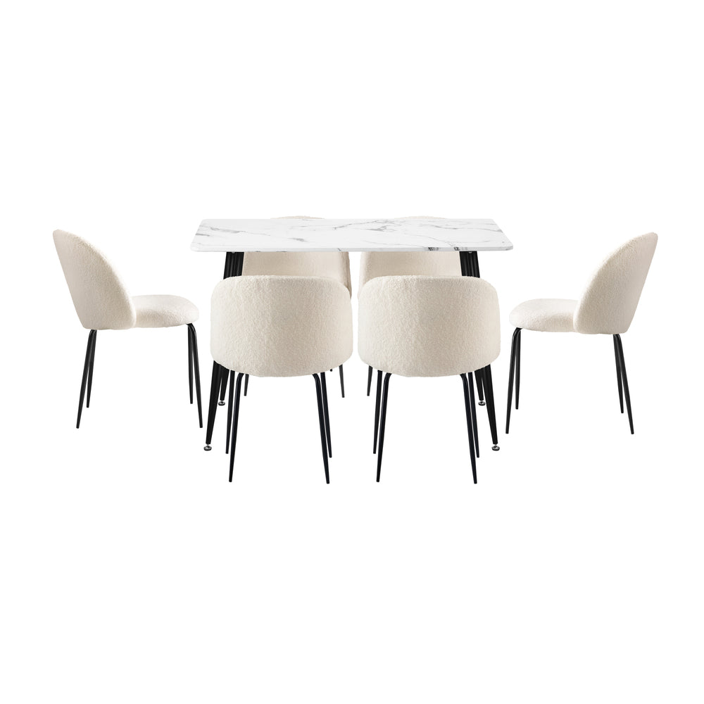 Oikiture 120cm Rectangle Dining Table with 6PCS Chairs White Sherpa-Dining Set-PEROZ Accessories