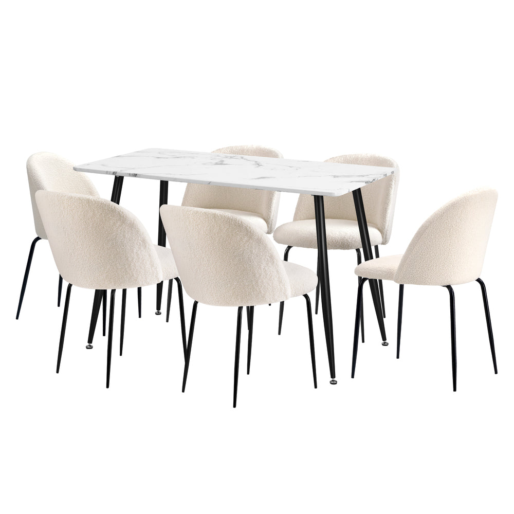 Oikiture 120cm Rectangle Dining Table with 6PCS Chairs White Sherpa-Dining Set-PEROZ Accessories