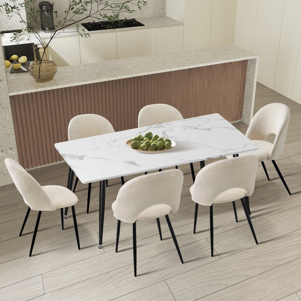 Oikiture 120cm Rectangle Dining Table with 6PCS Chairs Sherpa White-Dining Set-PEROZ Accessories