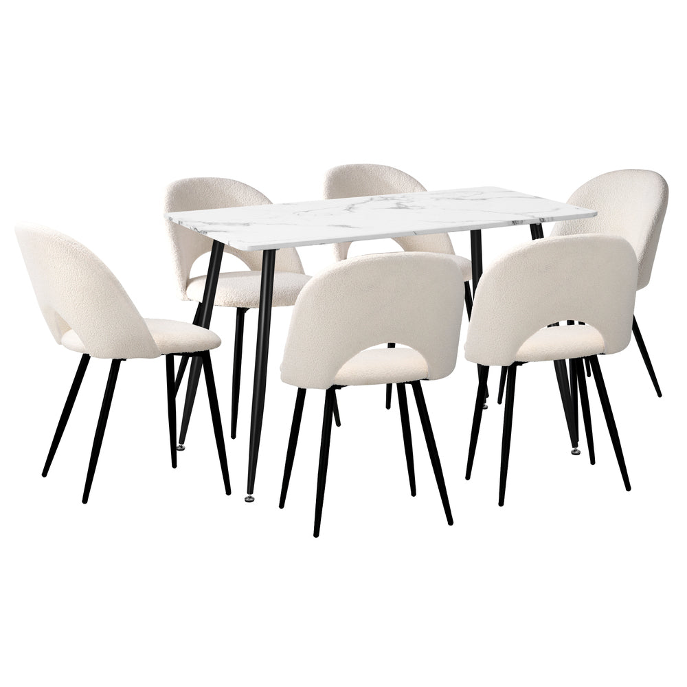 Oikiture 120cm Rectangle Dining Table with 6PCS Chairs Sherpa White-Dining Set-PEROZ Accessories