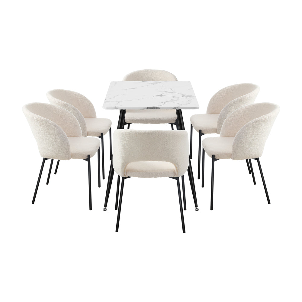 Oikiture 120cm Rectangle Dining Table with 6PCS Dining Chairs Sherpa White-Dining Table and Chairs-PEROZ Accessories