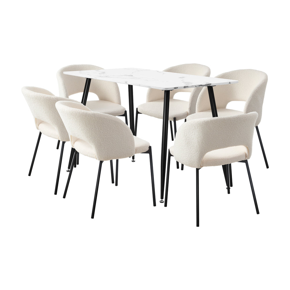 Oikiture 120cm Rectangle Dining Table with 6PCS Dining Chairs Sherpa White-Dining Table and Chairs-PEROZ Accessories