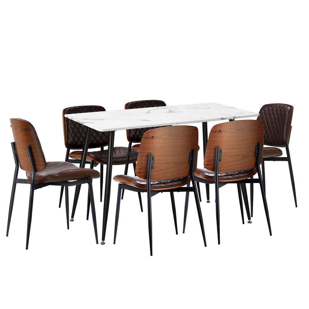 Oikiture 120cm Rectangle Dining Table with 6PCS Chairs PU Walnut-Dining Set-PEROZ Accessories