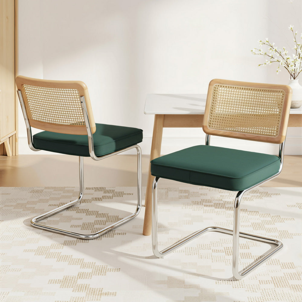 Artiss Dining Chairs Set of 2 Velvet Rattan Cantilever Green-Furniture > Dining > Kitchen & Dining Chairs-PEROZ Accessories