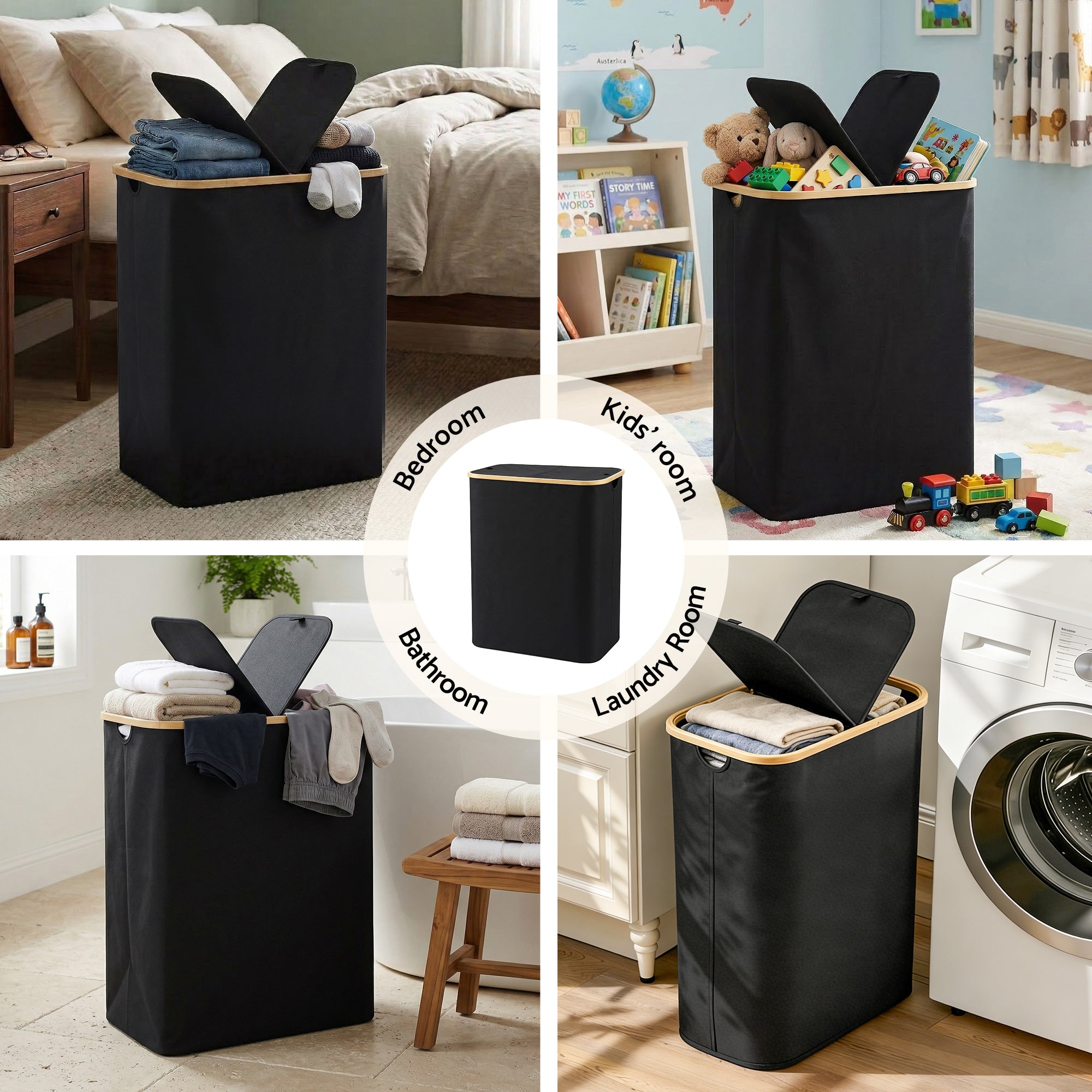 Artiss 2 Sections Laundry Basket with Removable Bags Foldable Black-Home & Garden > Laundry & Cleaning > Laundry Baskets-PEROZ Accessories
