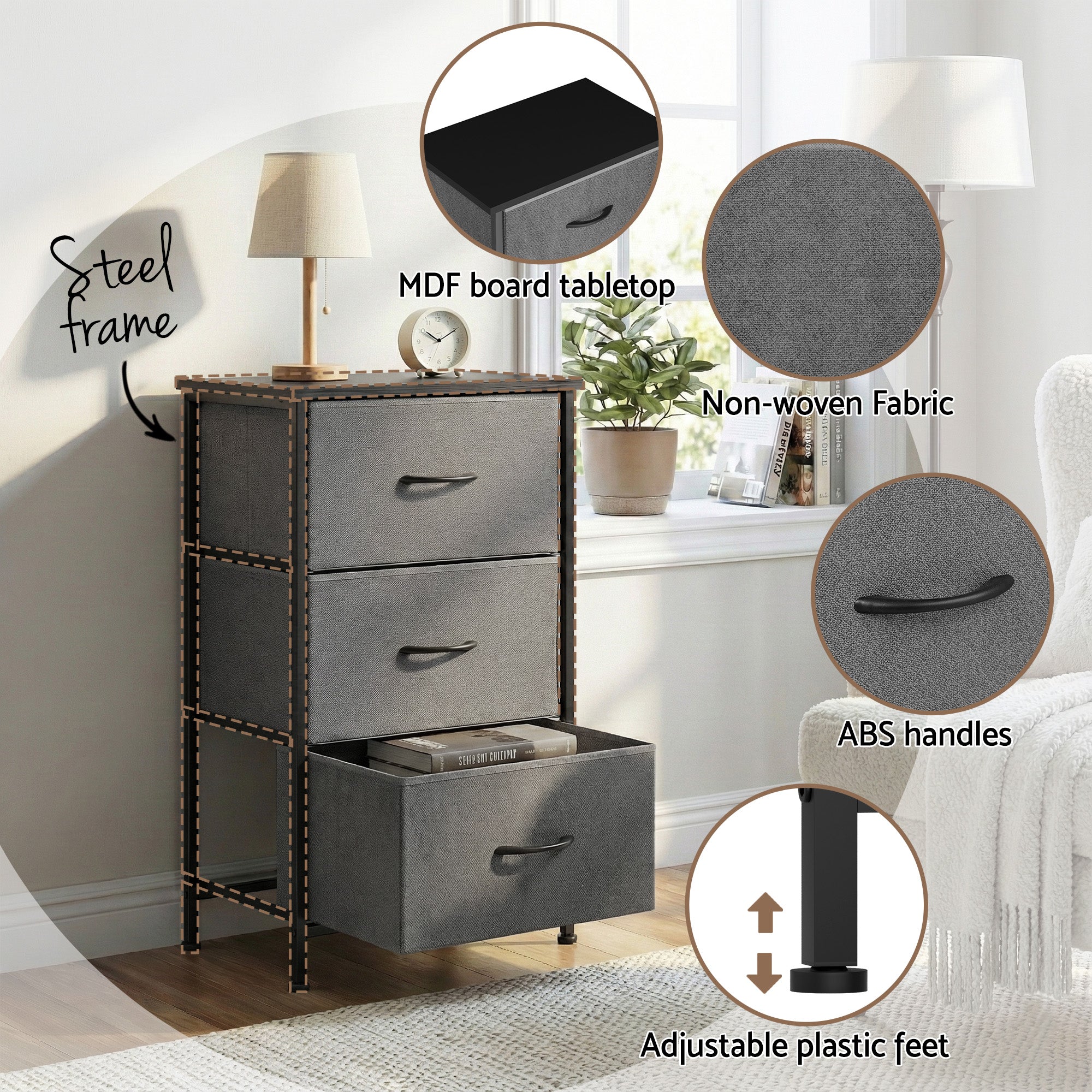 Artiss Set of 2 Chest of 3 Drawers Storage Dresser Tallboy Grey-Furniture > Bedroom > Dressers-PEROZ Accessories