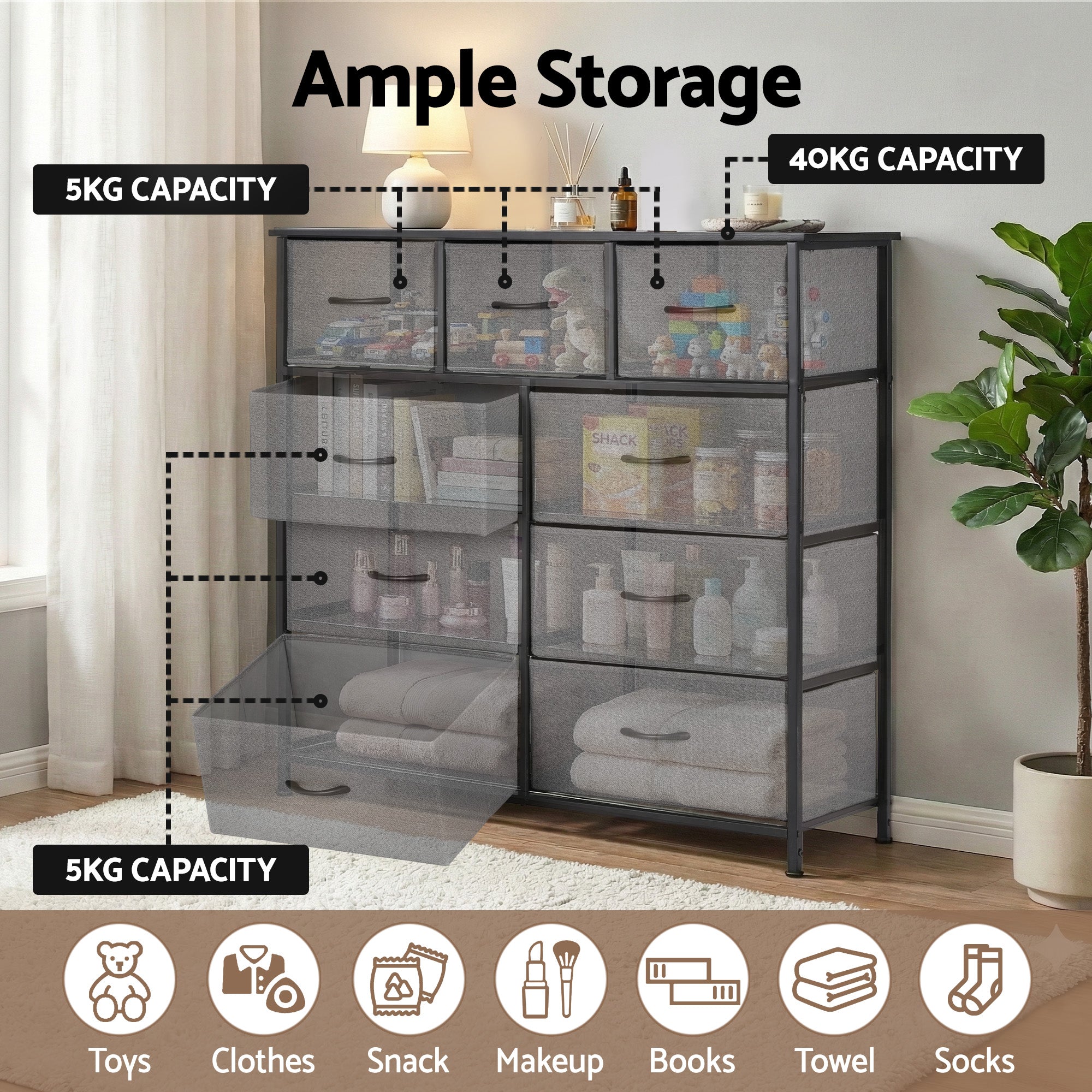Artiss Chest of 9 Drawers Storage Dresser Tallboy Dark Grey-Furniture > Bedroom > Dressers-PEROZ Accessories
