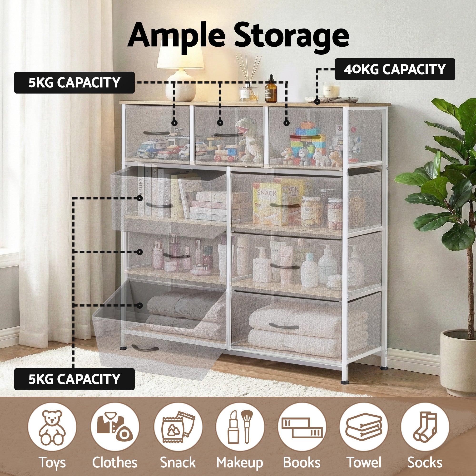 Artiss Chest of 9 Drawers Storage Dresser Tallboy Light Grey-Furniture > Bedroom > Dressers-PEROZ Accessories