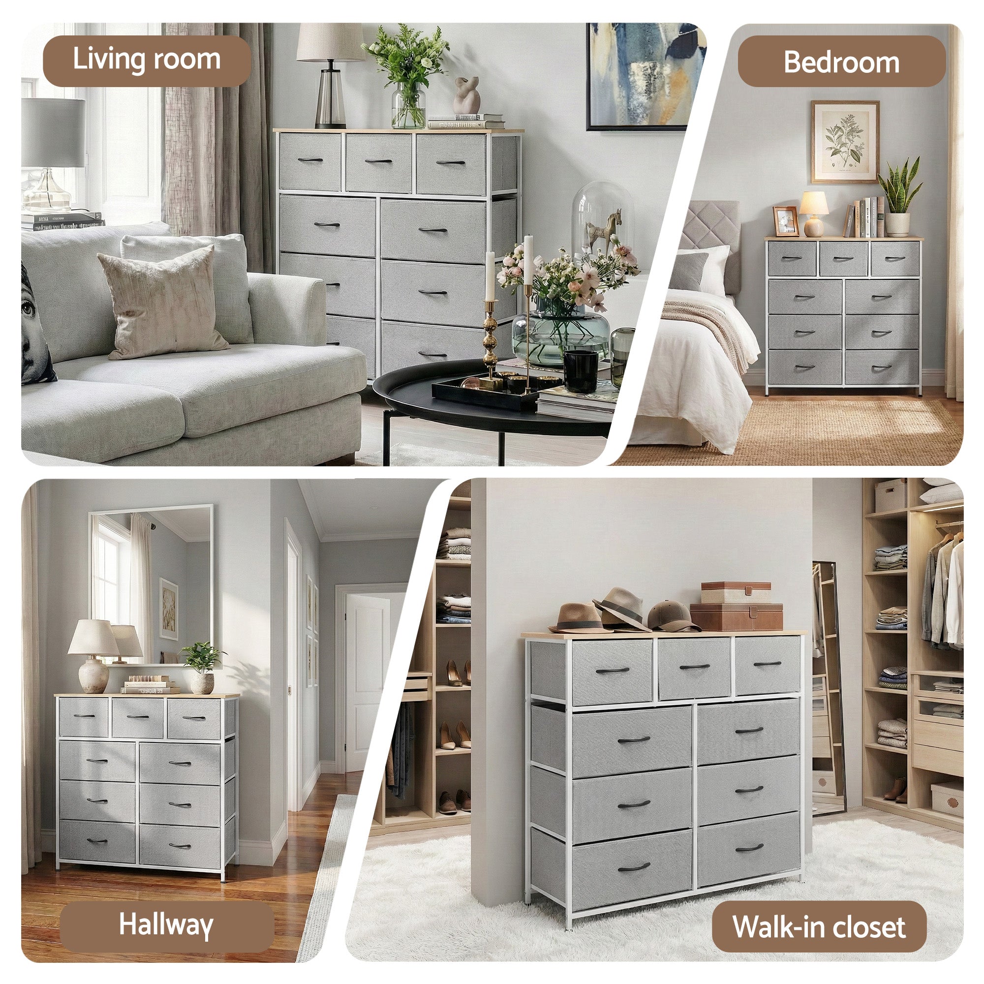 Artiss Chest of 9 Drawers Storage Dresser Tallboy Light Grey-Furniture > Bedroom > Dressers-PEROZ Accessories