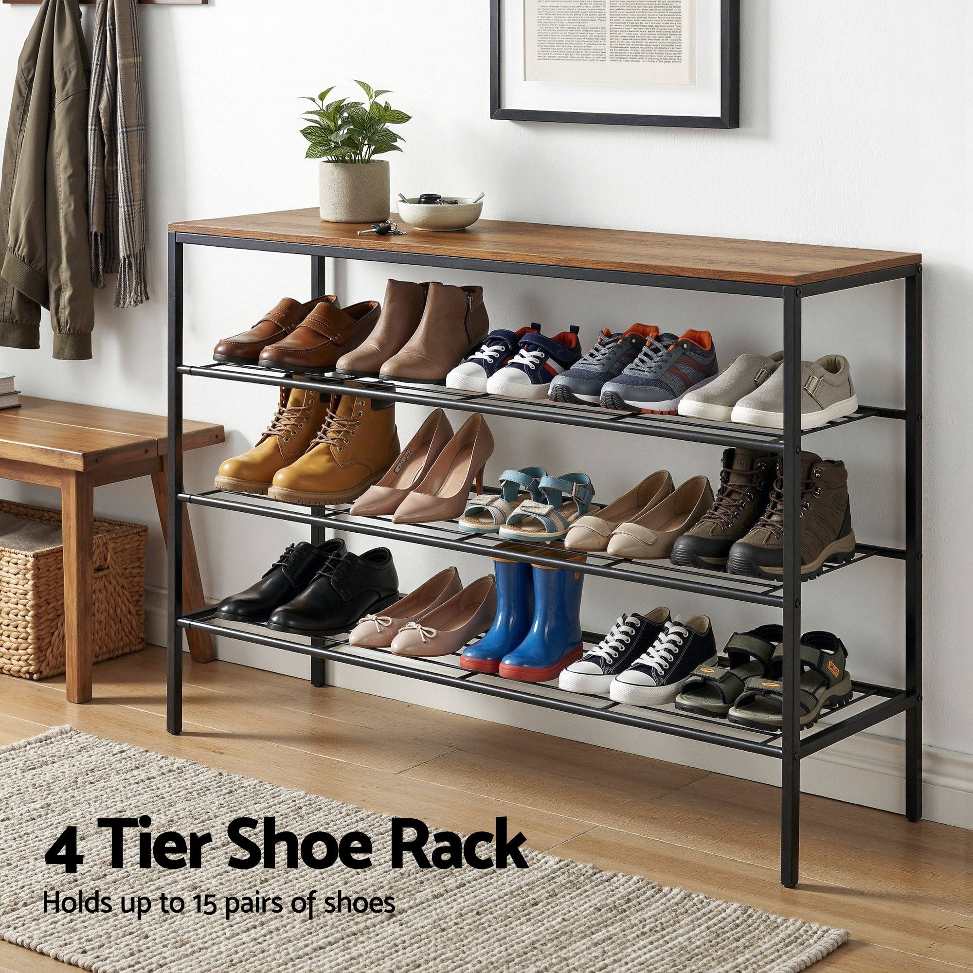 Artiss Shoe Rack 4 tier Storage Organiser Walnut-Furniture > Living Room > Shoe Storage-PEROZ Accessories
