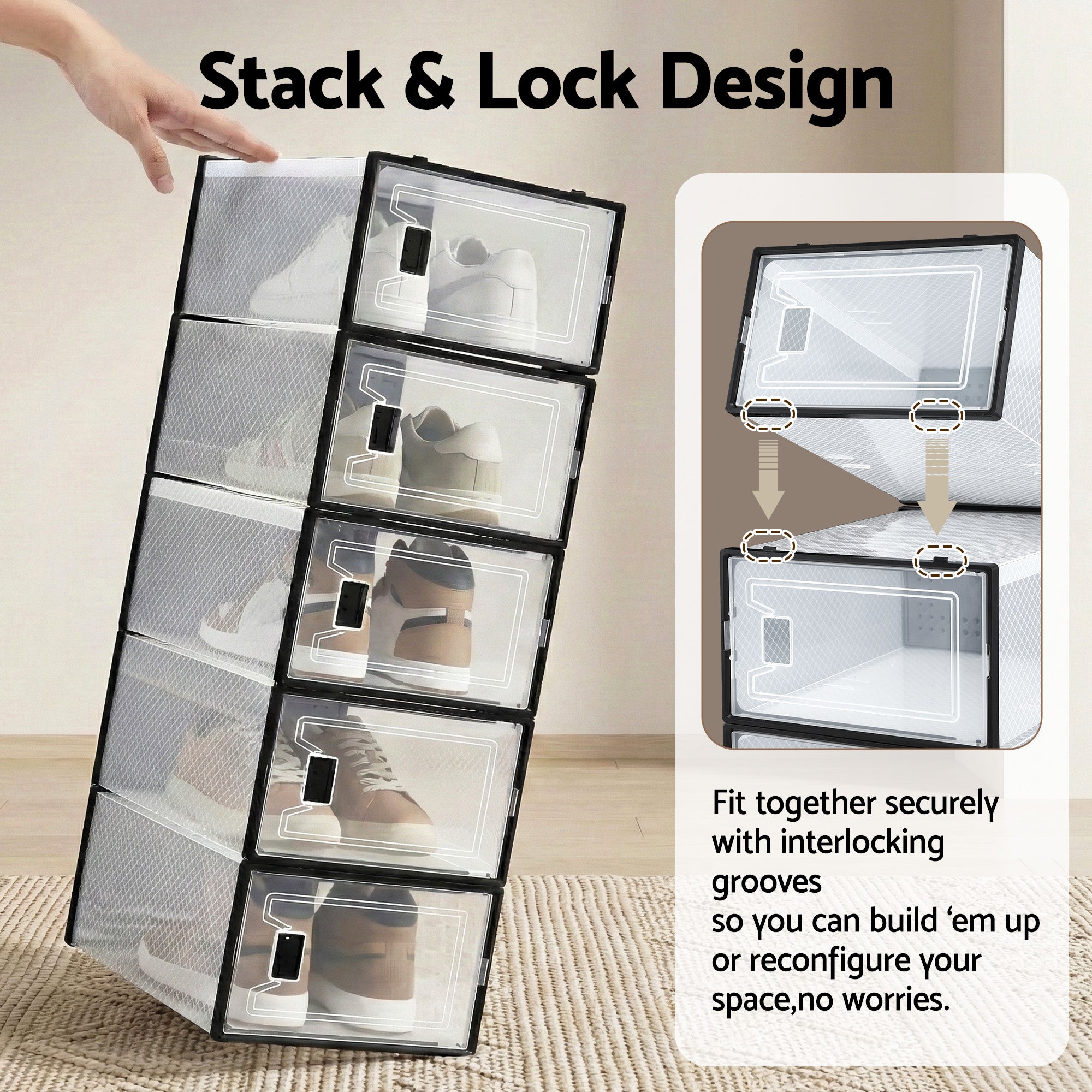 Artiss Shoe Storage Box DIY Set of 12 Stackable Black-Furniture > Living Room > Shoe Storage-PEROZ Accessories