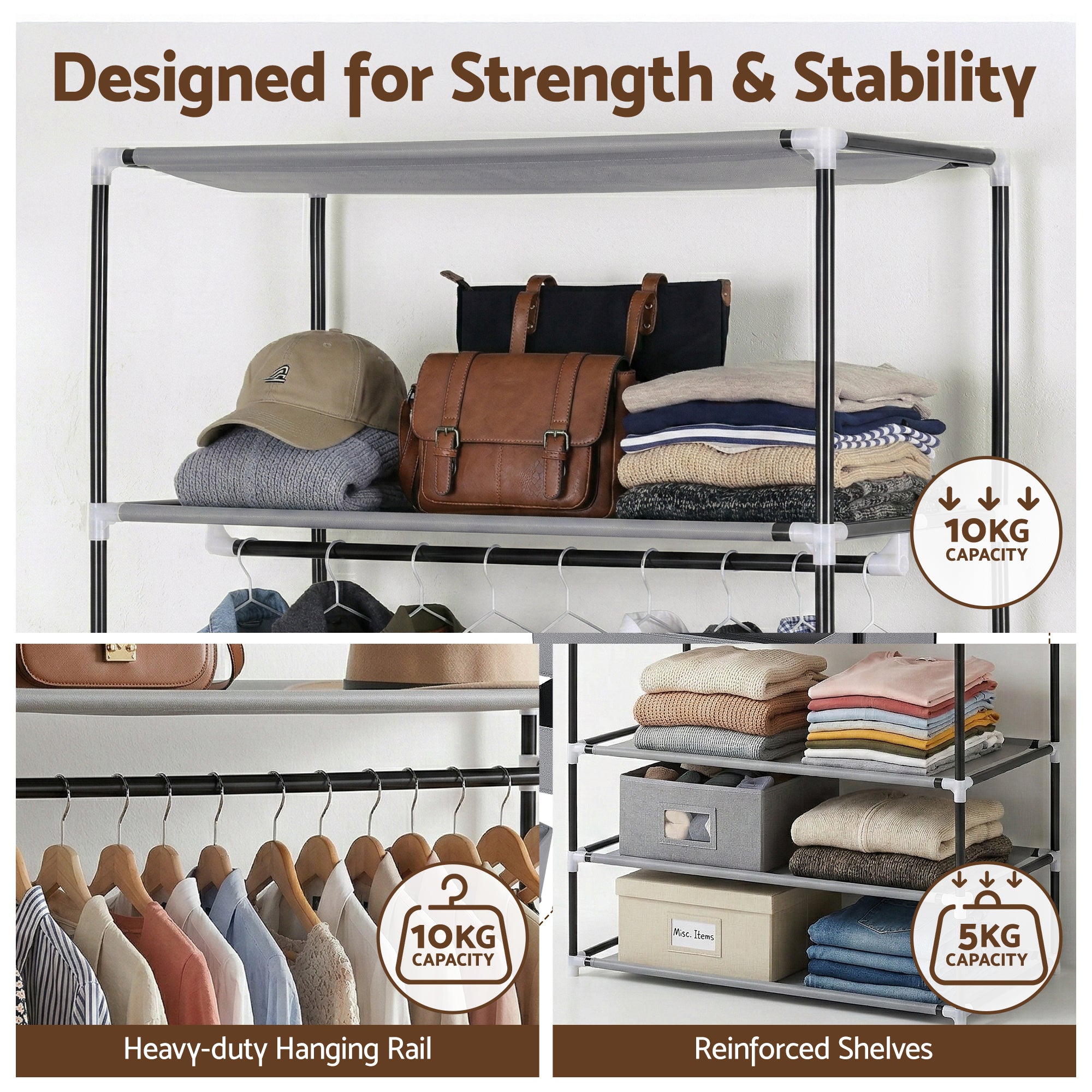 Artiss Large Portable Clothes Closet Wardrobe with Magnetic Door Grey-Home & Garden > Storage > Clothing & Wardrobe Storage-PEROZ Accessories