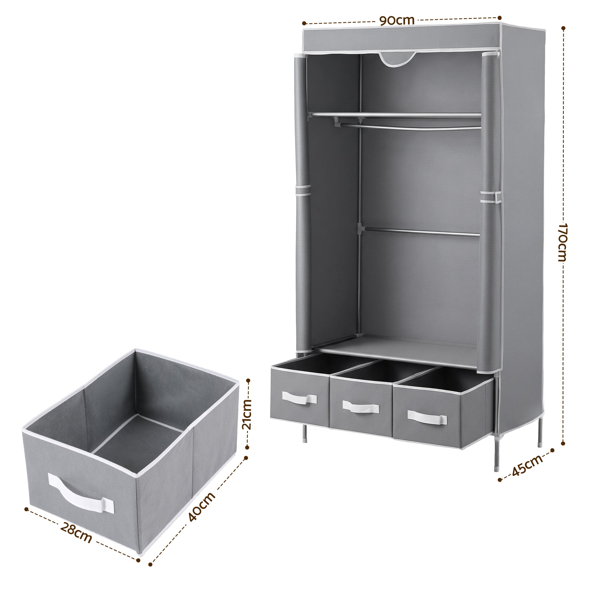 Artiss Large Portable Clothes Closet Wardrobe with Tiebacks Grey-Home & Garden > Storage > Clothing & Wardrobe Storage-PEROZ Accessories