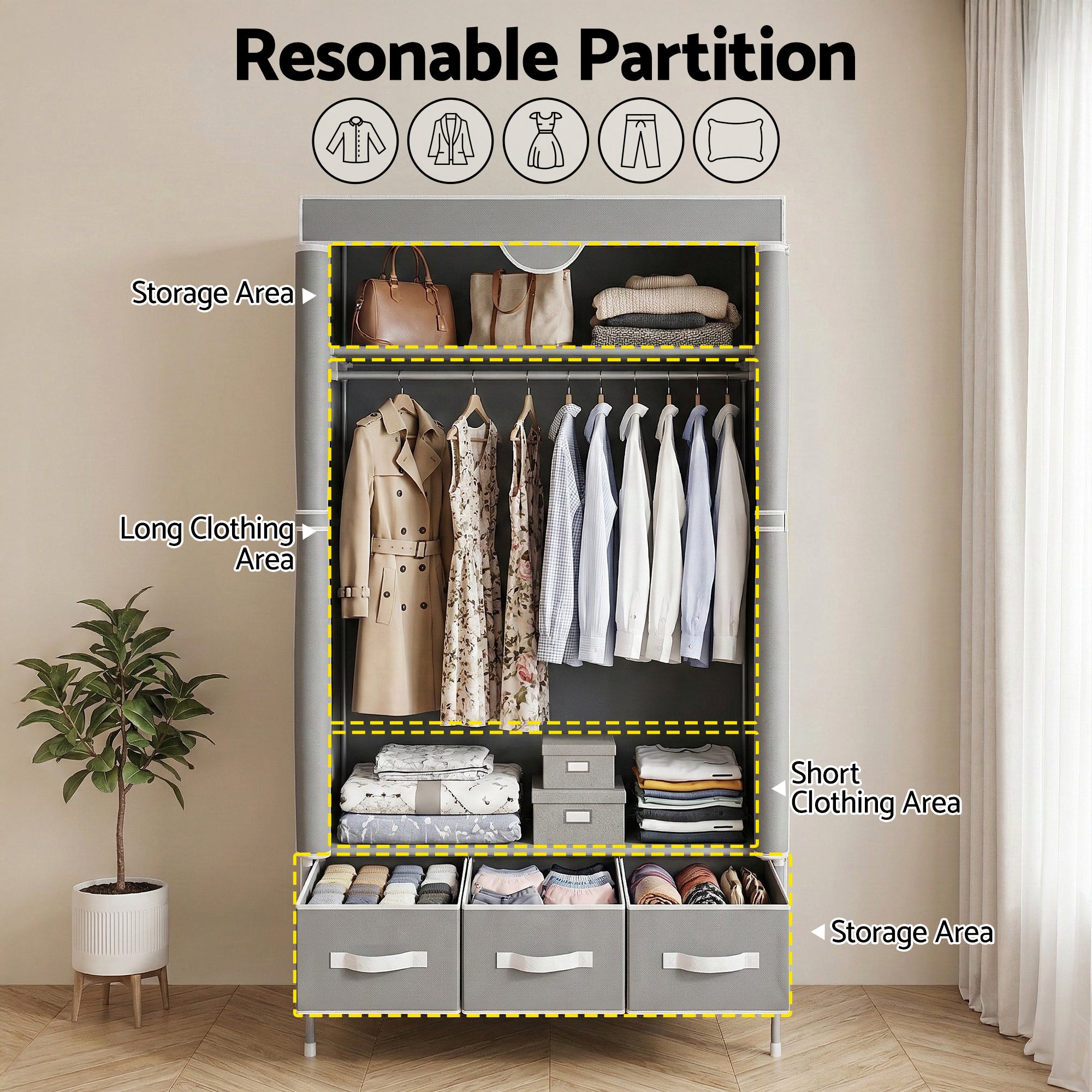Artiss Large Portable Clothes Closet Wardrobe with Tiebacks Grey-Home & Garden > Storage > Clothing & Wardrobe Storage-PEROZ Accessories