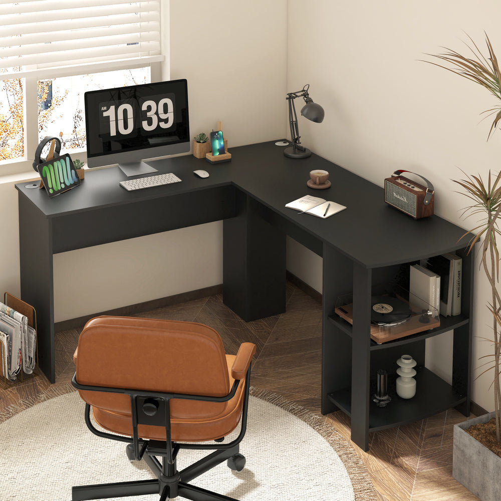Oikiture L-shape Computer Desk with Storage Shelves Black-Computer Desks-PEROZ Accessories
