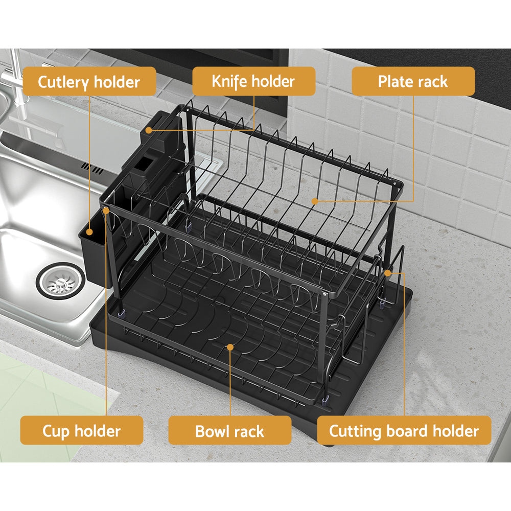 Cefito Dish Rack Expandable Drying Drainer Cutlery Holder Tray Kitchen 2 Tiers-Home & Garden > Kitchenware > Dish Racks-PEROZ Accessories
