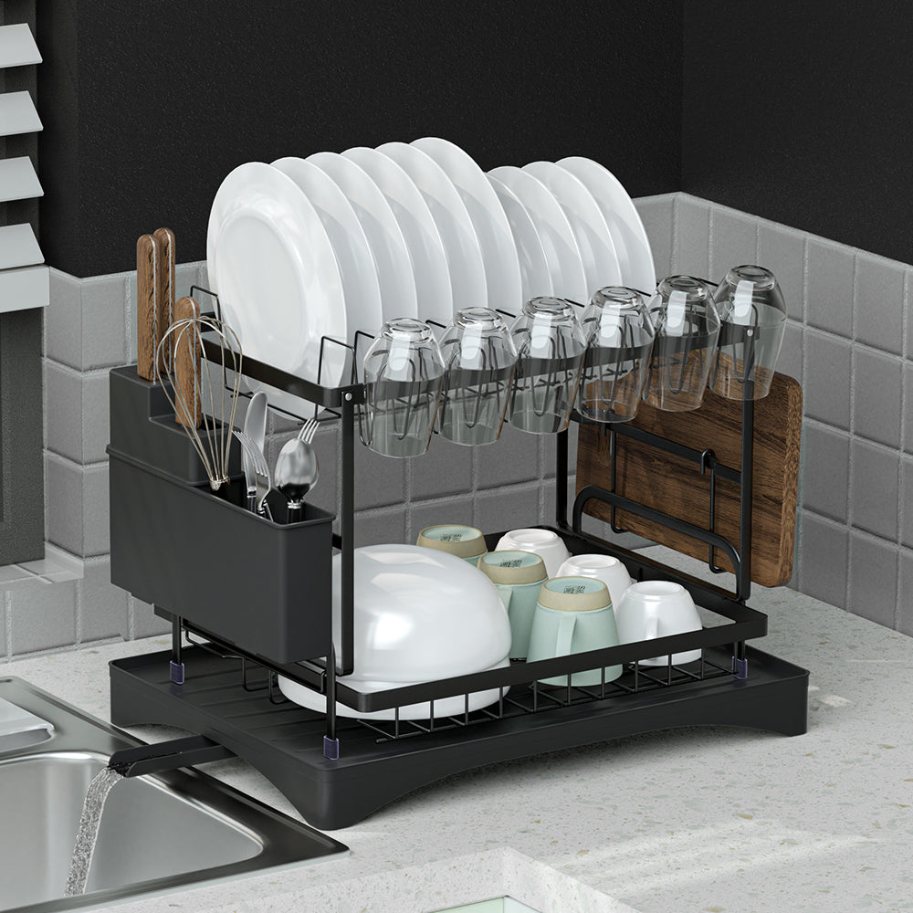 Cefito Dish Rack Expandable Drying Drainer Cutlery Holder Tray Kitchen 2 Tiers-Home & Garden > Kitchenware > Dish Racks-PEROZ Accessories