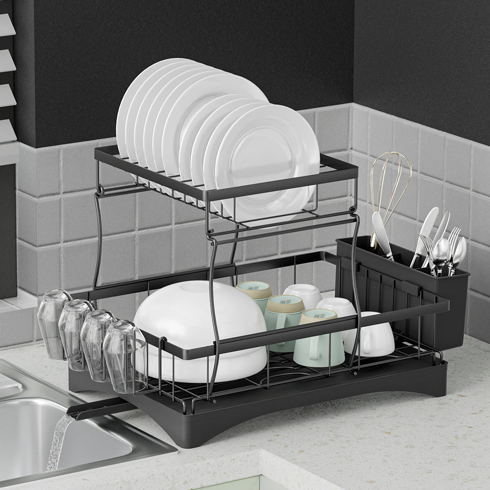 Cefito Dish Rack Expandable Drying Drainer Cutlery Holder Tray Kitchen 2 Tiers-Home & Garden > Kitchenware > Dish Racks-PEROZ Accessories
