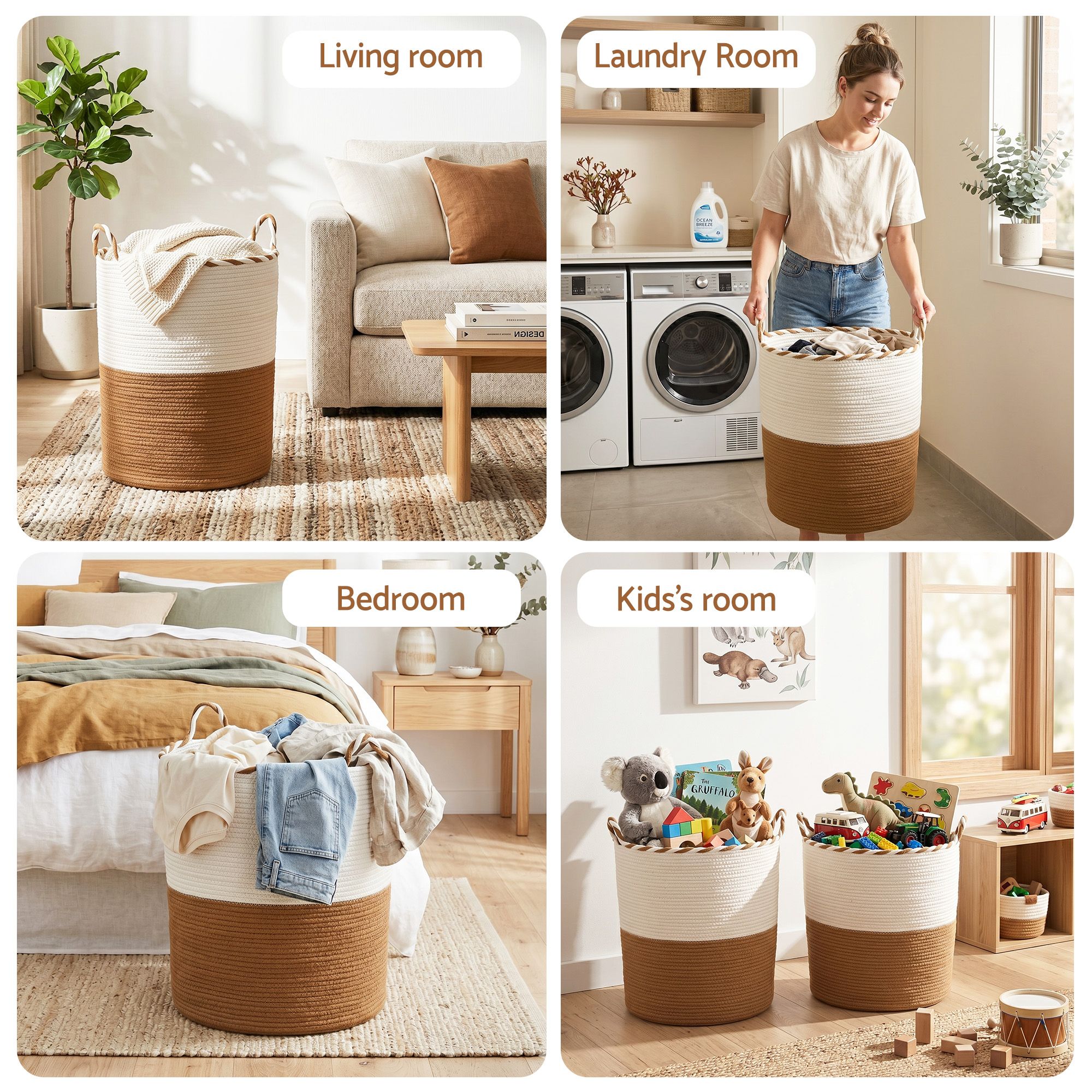 Artiss Woven Laundry Basket with handles Foldable White & Brown-Home & Garden > Laundry & Cleaning > Laundry Baskets-PEROZ Accessories