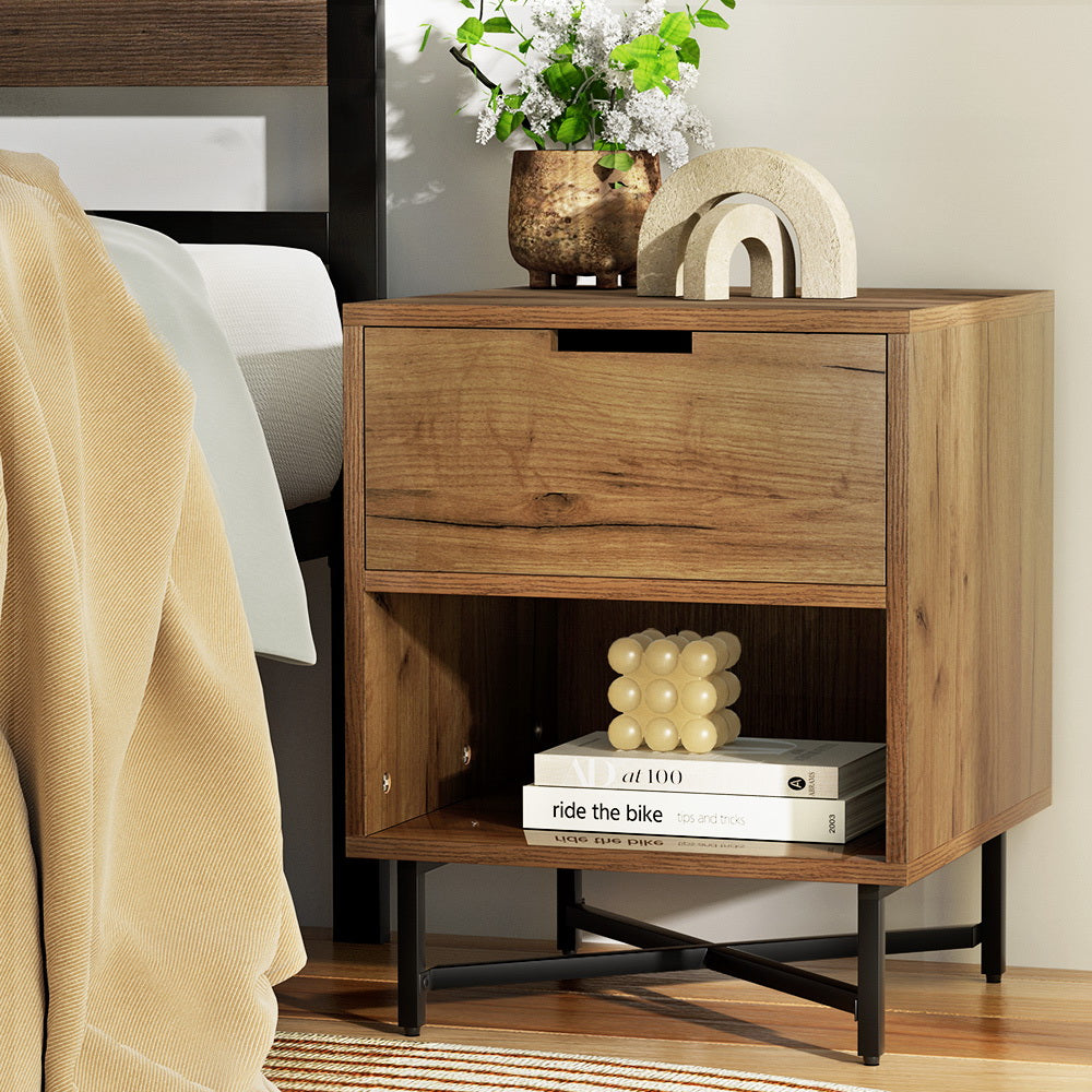 Artiss Bedside Table Drawers Side Table Shelf Storage Nightstand Rust Oak KRAVU-Furniture > Bedroom-PEROZ Accessories