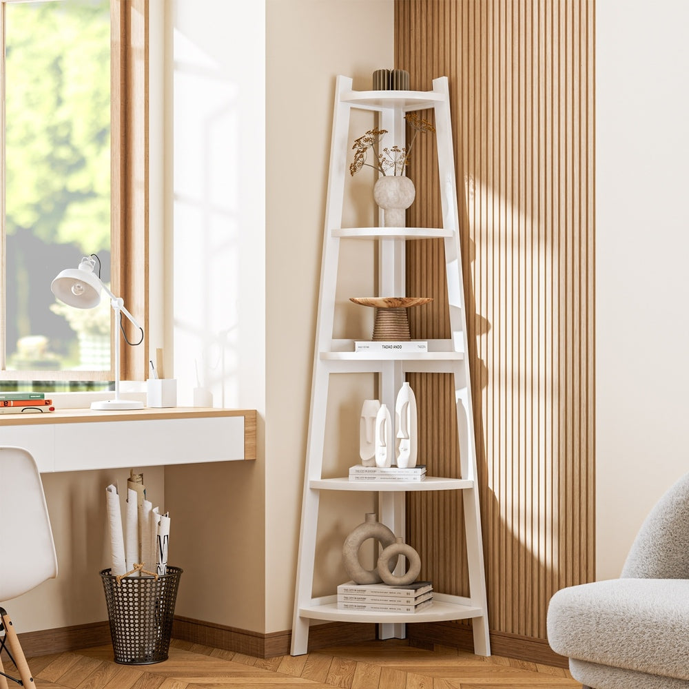 Oikiture Corner Ladder Shelf 5-Tier Display Shelf White-Bookshelf-PEROZ Accessories