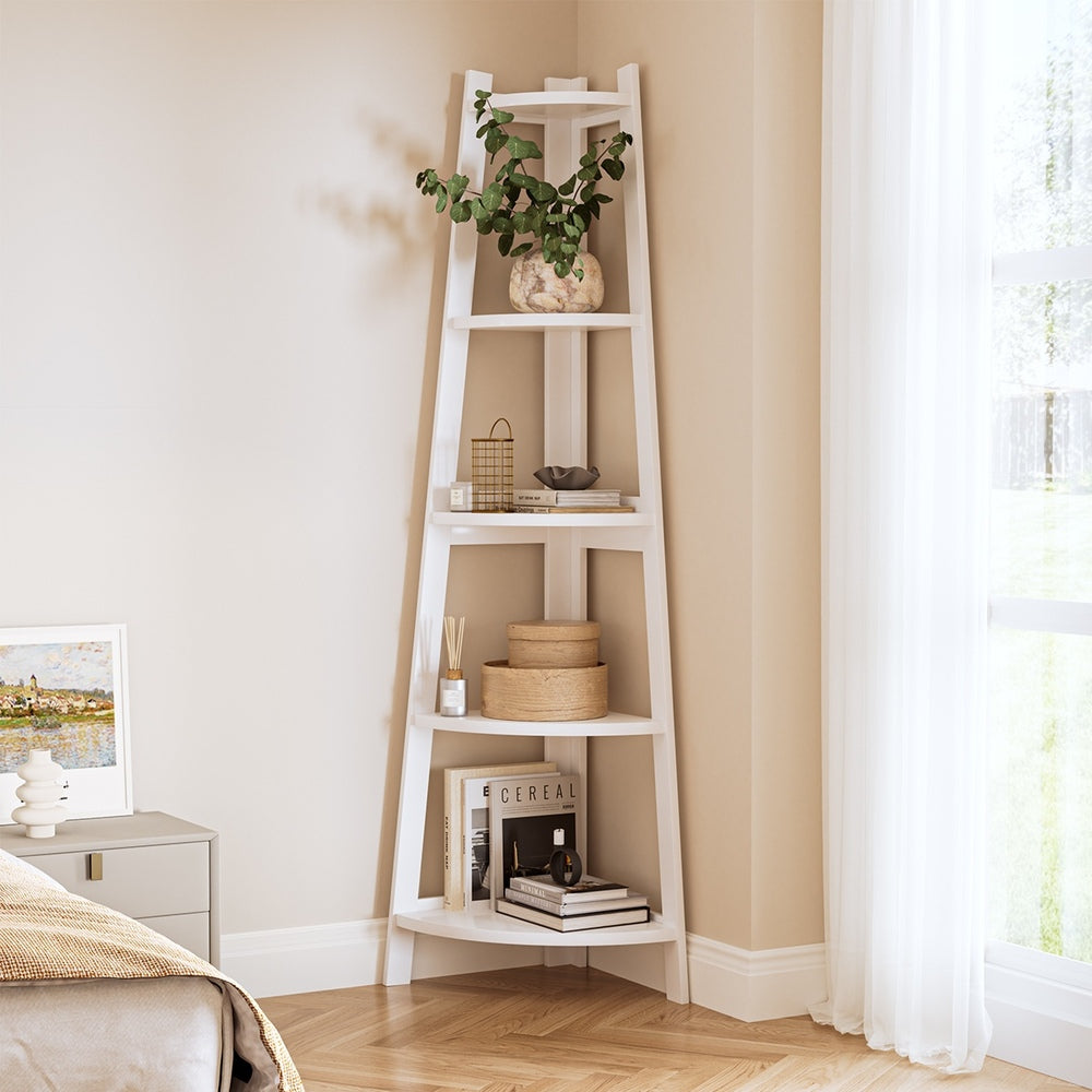 Oikiture Corner Ladder Shelf 5-Tier Display Shelf White-Bookshelf-PEROZ Accessories