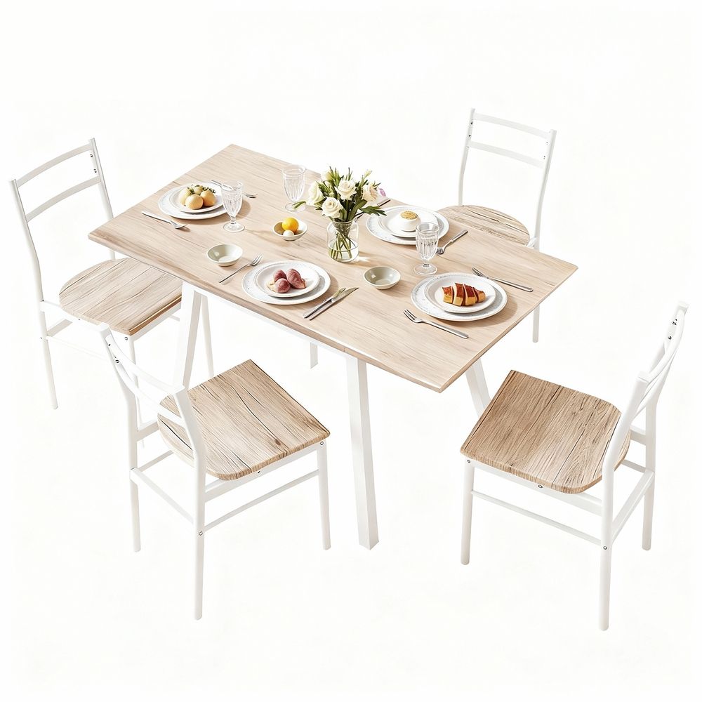 Artiss Dining Table and Chairs Set 5pcs with Extendable 60-120cm Drop-Leaf Table Natural White-Furniture > Dining > Dining Set-PEROZ Accessories