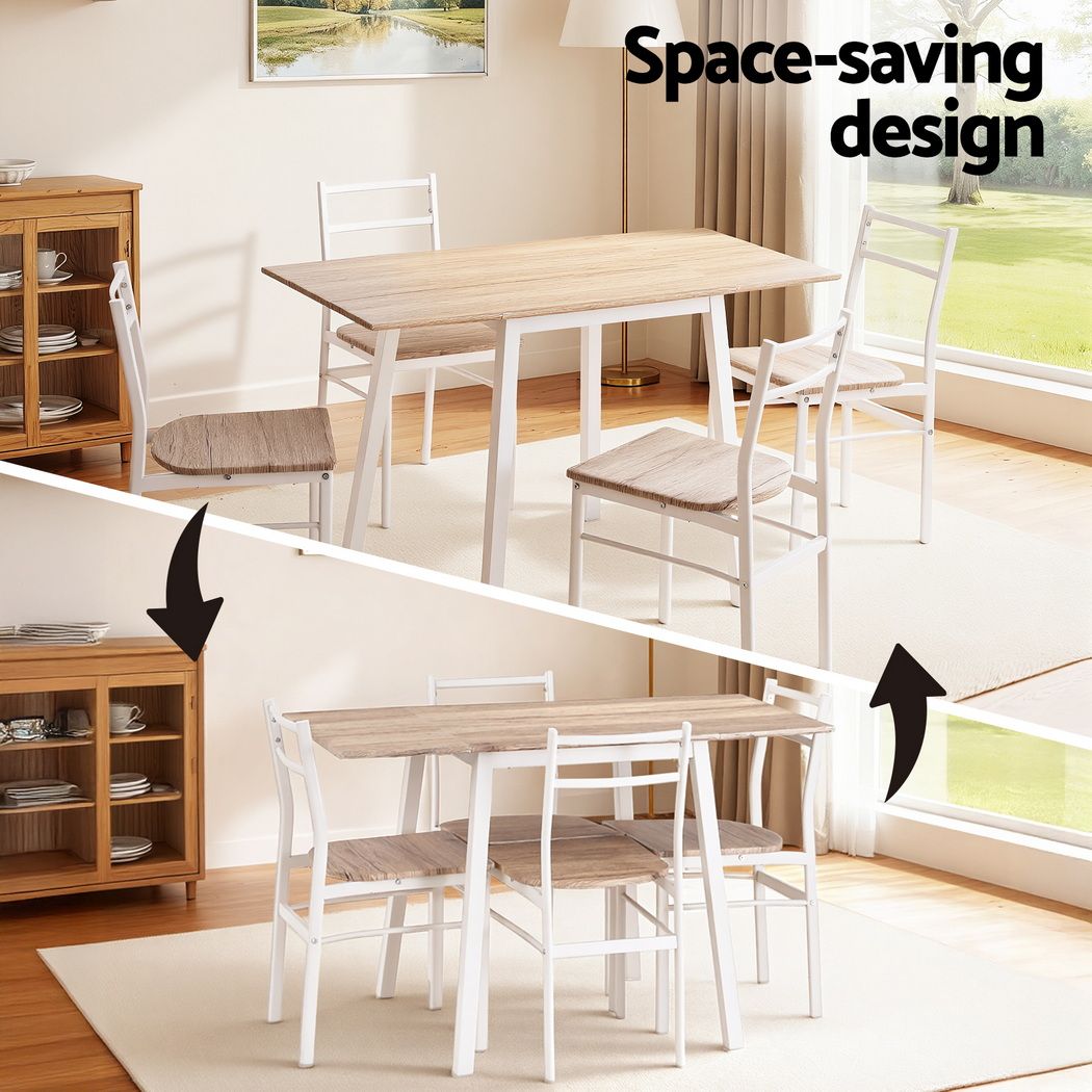 Artiss Dining Table and Chairs Set 5pcs with Extendable 60-120cm Drop-Leaf Table Natural White-Furniture > Dining > Dining Set-PEROZ Accessories