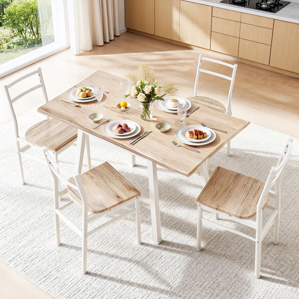 Artiss Dining Table and Chairs Set 5pcs with Extendable 60-120cm Drop-Leaf Table Natural White-Furniture > Dining > Dining Set-PEROZ Accessories