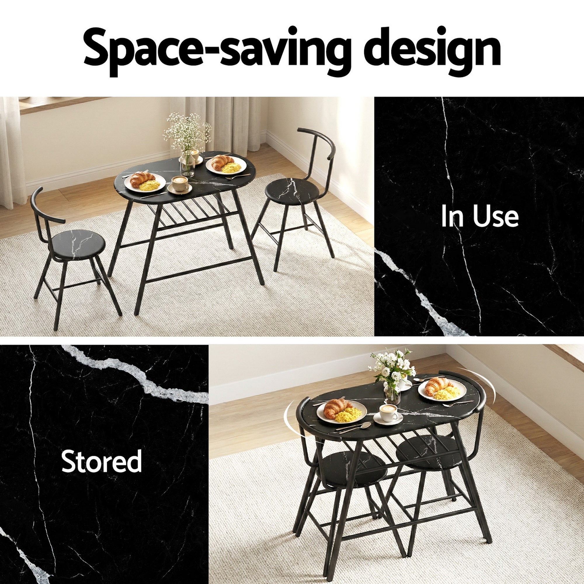 Artiss Dining Table Set 3PC Bistro Kitchen Storage Wine Rack Black Marble Style-Furniture > Dining > Dining Set-PEROZ Accessories