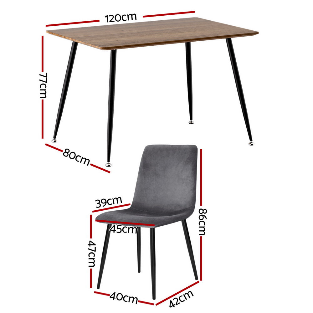 1 Artiss Dining Table and 4 Chairs Set Grey Velvet-Furniture > Dining > Dining Set-PEROZ Accessories