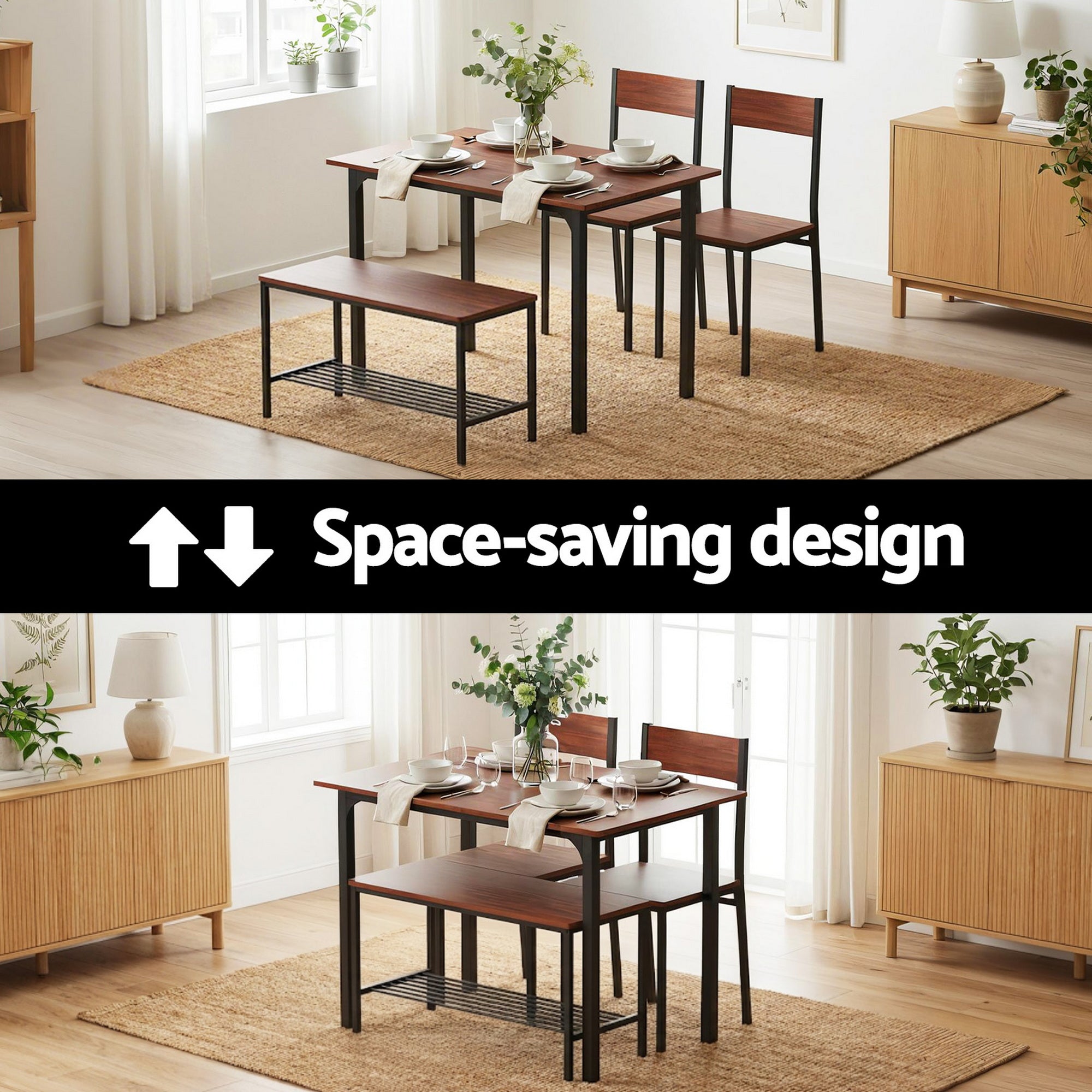 Artiss Dining Table and Chairs Set of 4 Storage Bench Kitchen Furniture Walnut-Furniture > Dining > Dining Set-PEROZ Accessories
