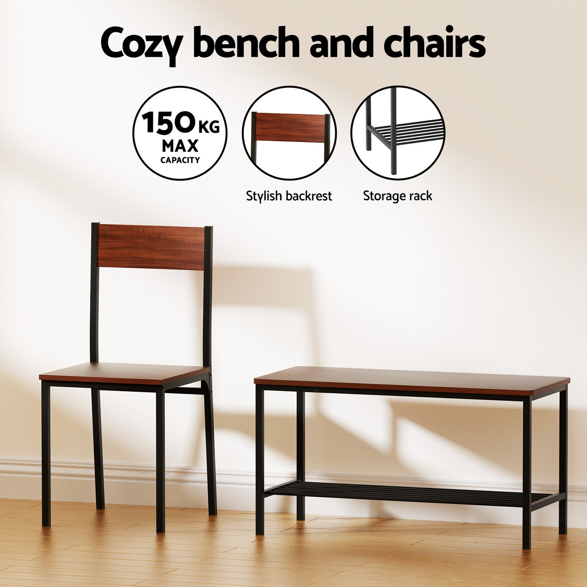 Artiss Dining Table and Chairs Set of 4 Storage Bench Kitchen Furniture Walnut-Furniture > Dining > Dining Set-PEROZ Accessories
