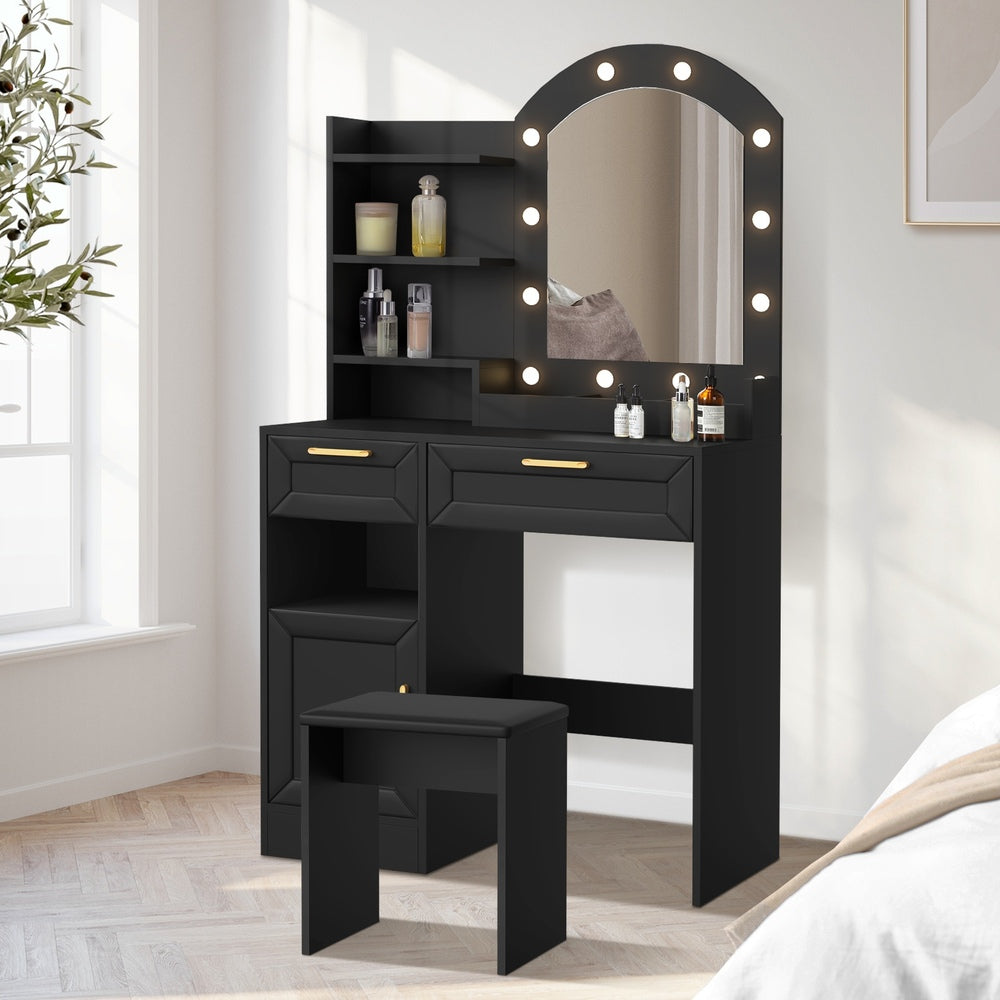 Oikiture Dressing Table Stool Set Arch Mirror 12 LED Bulbs Black-Dressing Table-PEROZ Accessories