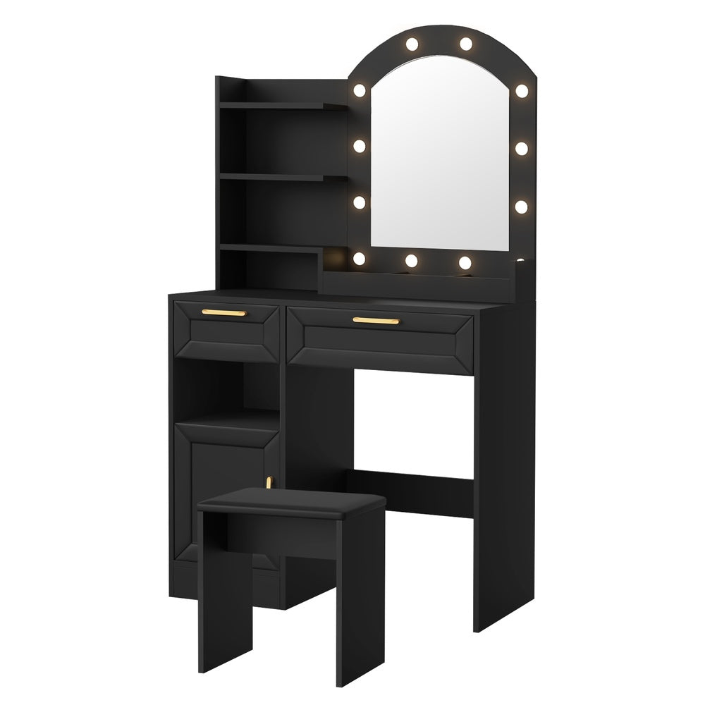 Oikiture Dressing Table Stool Set Arch Mirror 12 LED Bulbs Black-Dressing Table-PEROZ Accessories