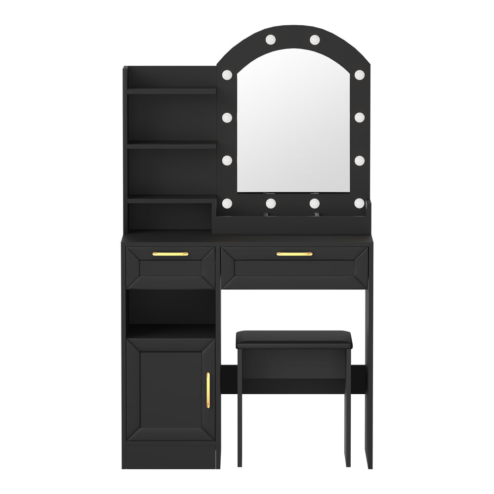 Oikiture Dressing Table Stool Set Arch Mirror 12 LED Bulbs Black-Dressing Table-PEROZ Accessories
