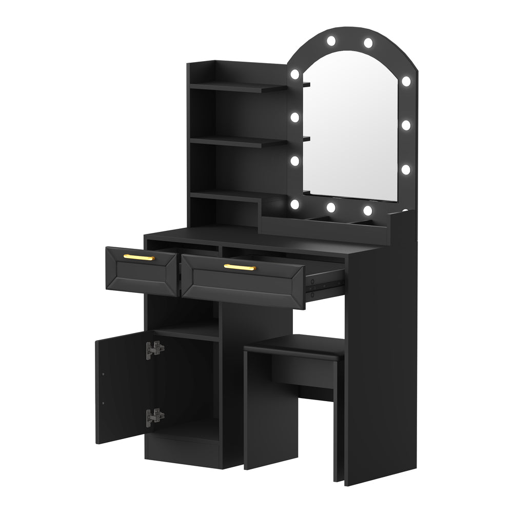 Oikiture Dressing Table Stool Set Arch Mirror 12 LED Bulbs Black-Dressing Table-PEROZ Accessories