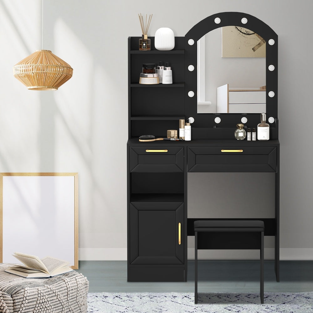 Oikiture Dressing Table Stool Set Arch Mirror 12 LED Bulbs Black-Dressing Table-PEROZ Accessories