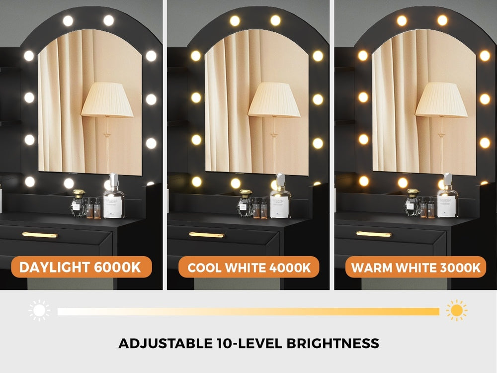 Oikiture Dressing Table Stool Set Arch Mirror 12 LED Bulbs Black-Dressing Table-PEROZ Accessories