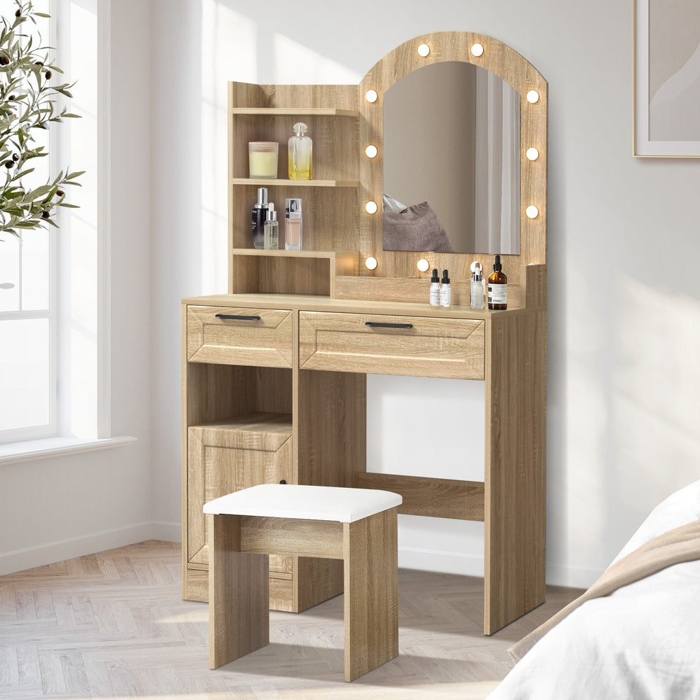 Oikiture Dressing Table Stool Set Arch Mirror 12 LED Bulbs Natural-Dressing Table-PEROZ Accessories