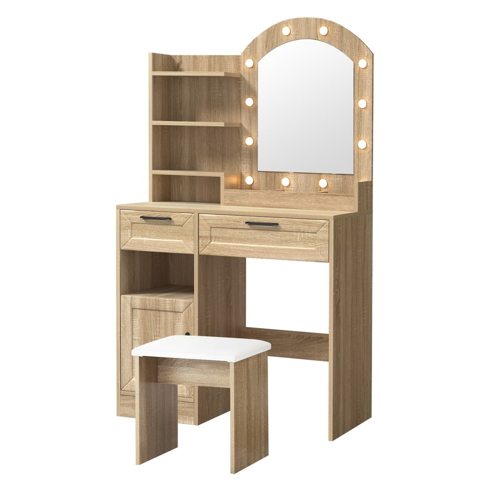 Oikiture Dressing Table Stool Set Arch Mirror 12 LED Bulbs Natural-Dressing Table-PEROZ Accessories