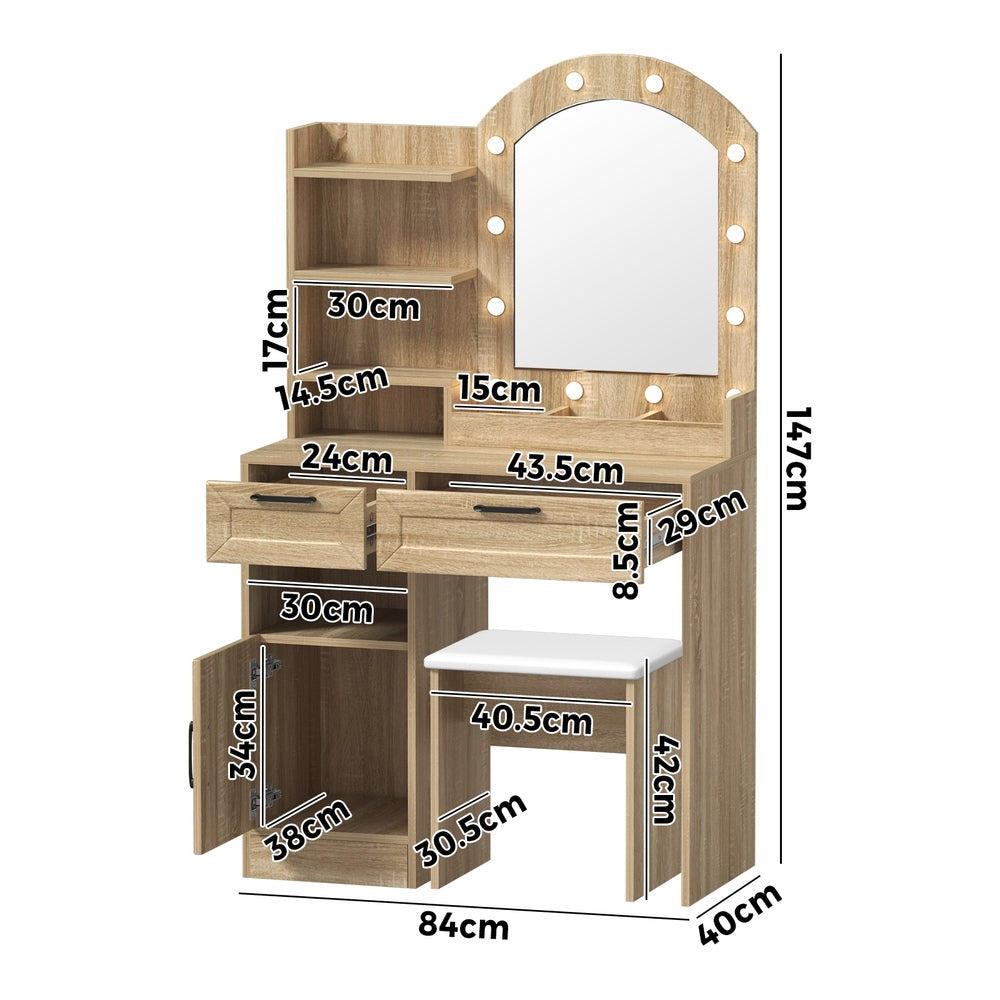 Oikiture Dressing Table Stool Set Arch Mirror 12 LED Bulbs Natural-Dressing Table-PEROZ Accessories