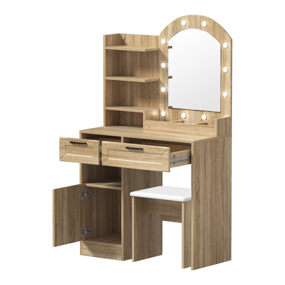 Oikiture Dressing Table Stool Set Arch Mirror 12 LED Bulbs Natural-Dressing Table-PEROZ Accessories