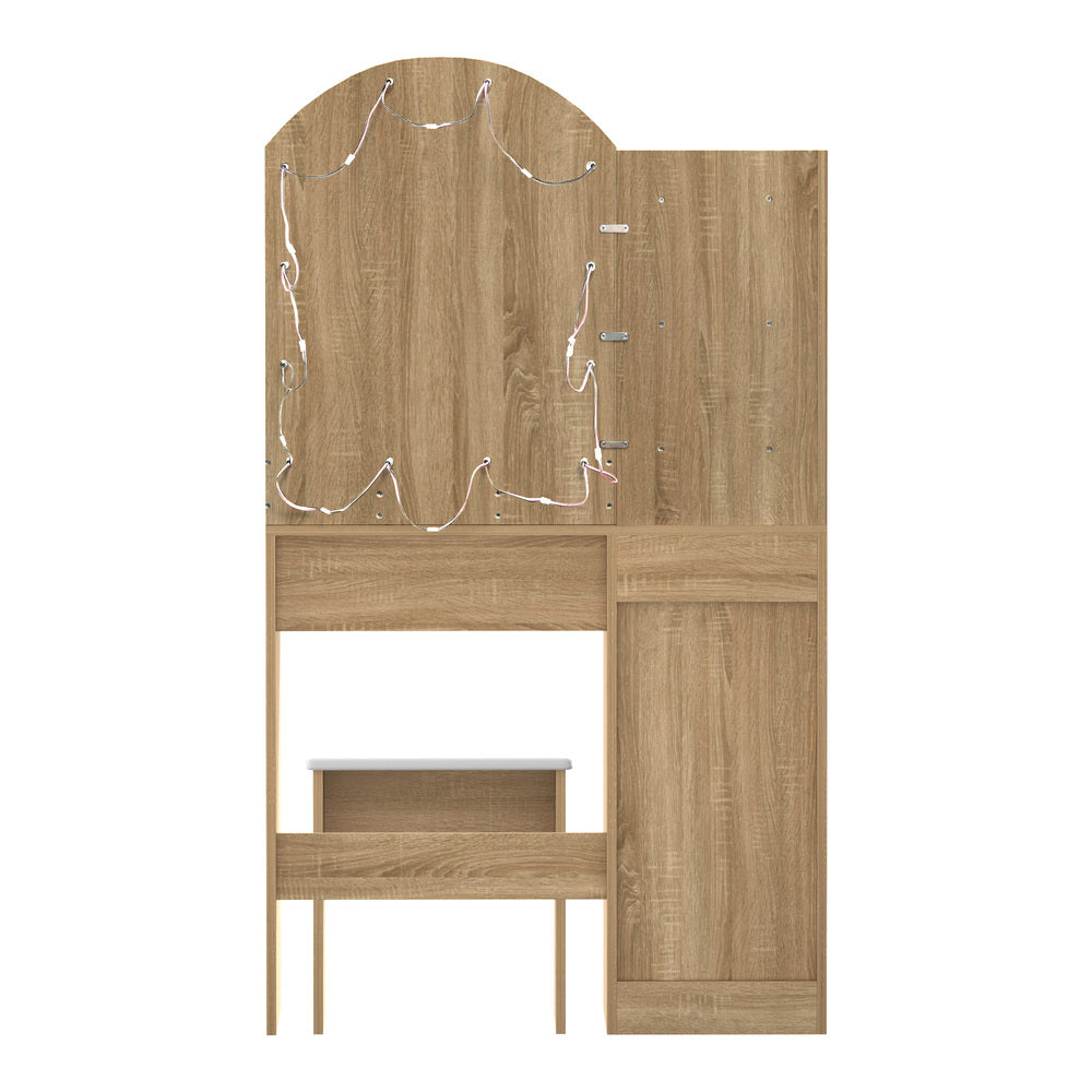 Oikiture Dressing Table Stool Set Arch Mirror 12 LED Bulbs Natural-Dressing Table-PEROZ Accessories