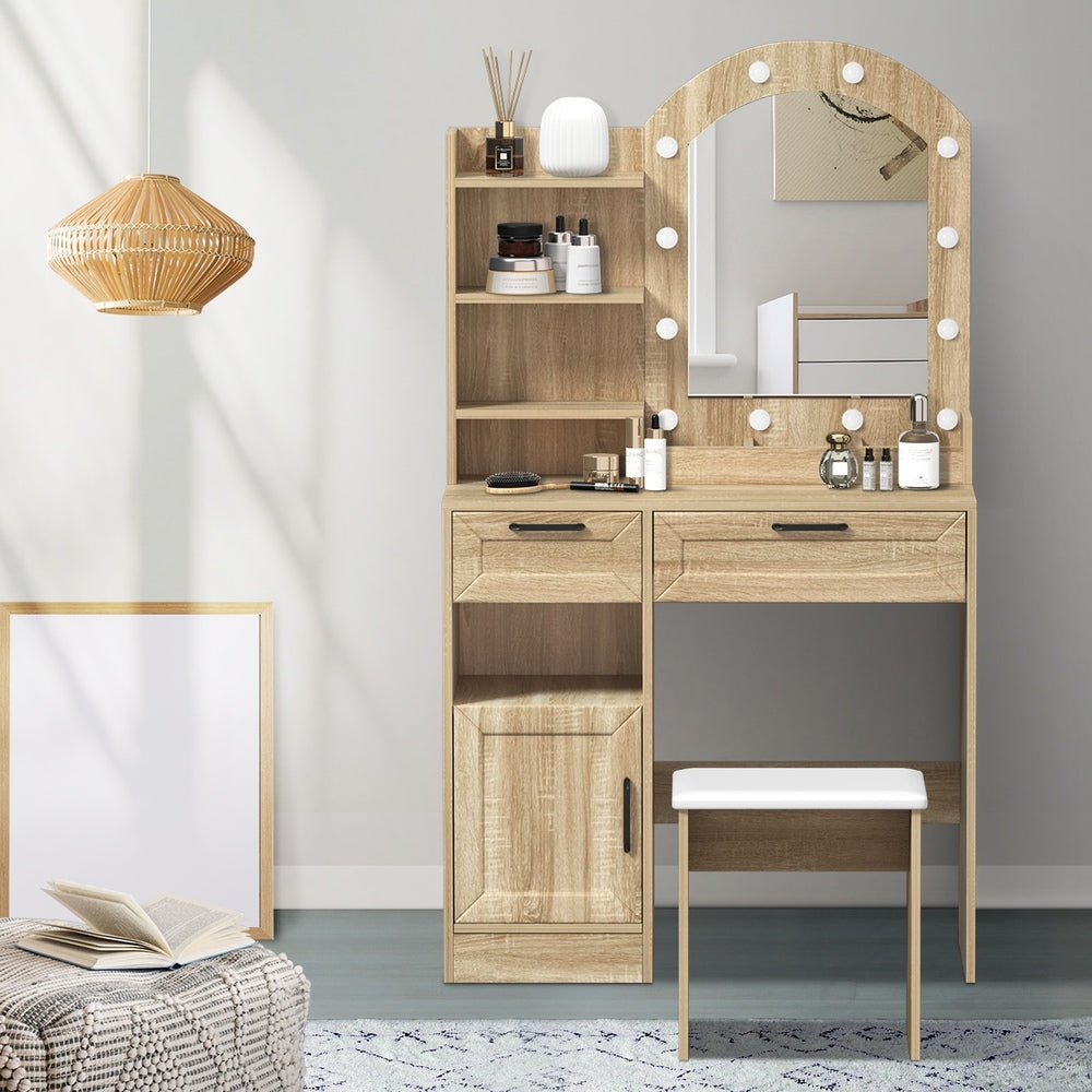 Oikiture Dressing Table Stool Set Arch Mirror 12 LED Bulbs Natural-Dressing Table-PEROZ Accessories