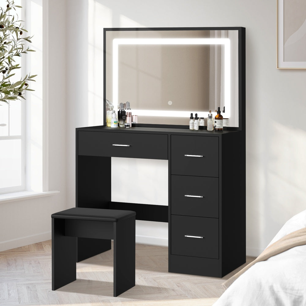 Oikiture Dressing Table Stool Set Large Mirror LED Light Black-Dressing Table-PEROZ Accessories