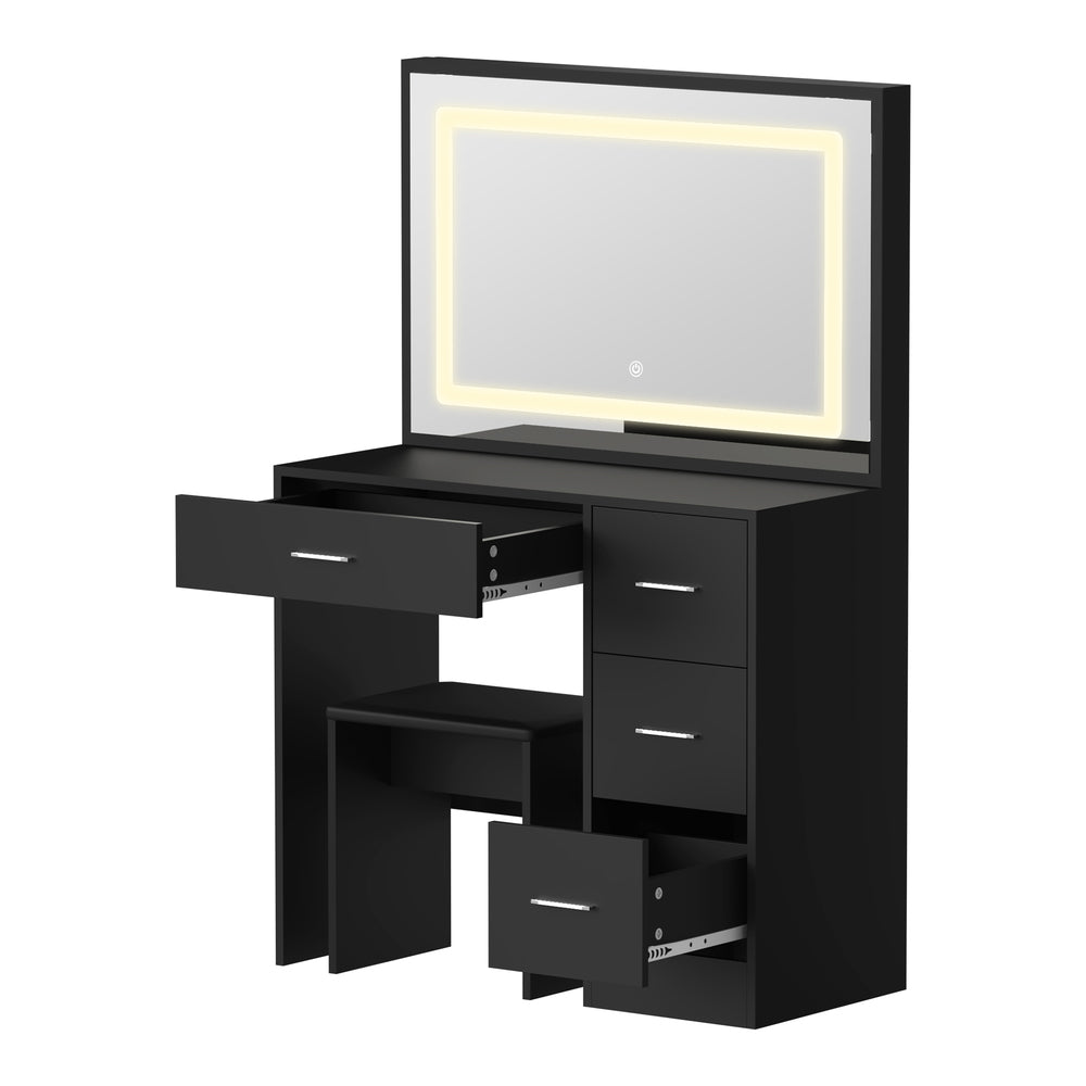 Oikiture Dressing Table Stool Set Large Mirror LED Light Black-Dressing Table-PEROZ Accessories